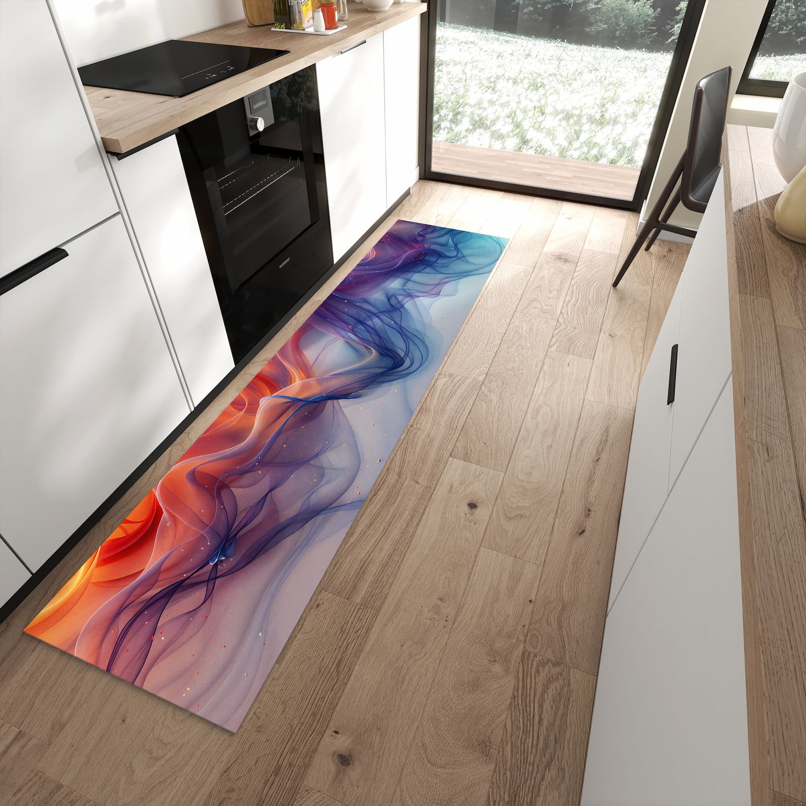 Bodenschonender Küchenläufer nach Maß mit Motiv Farbwirbel in moderner Küche