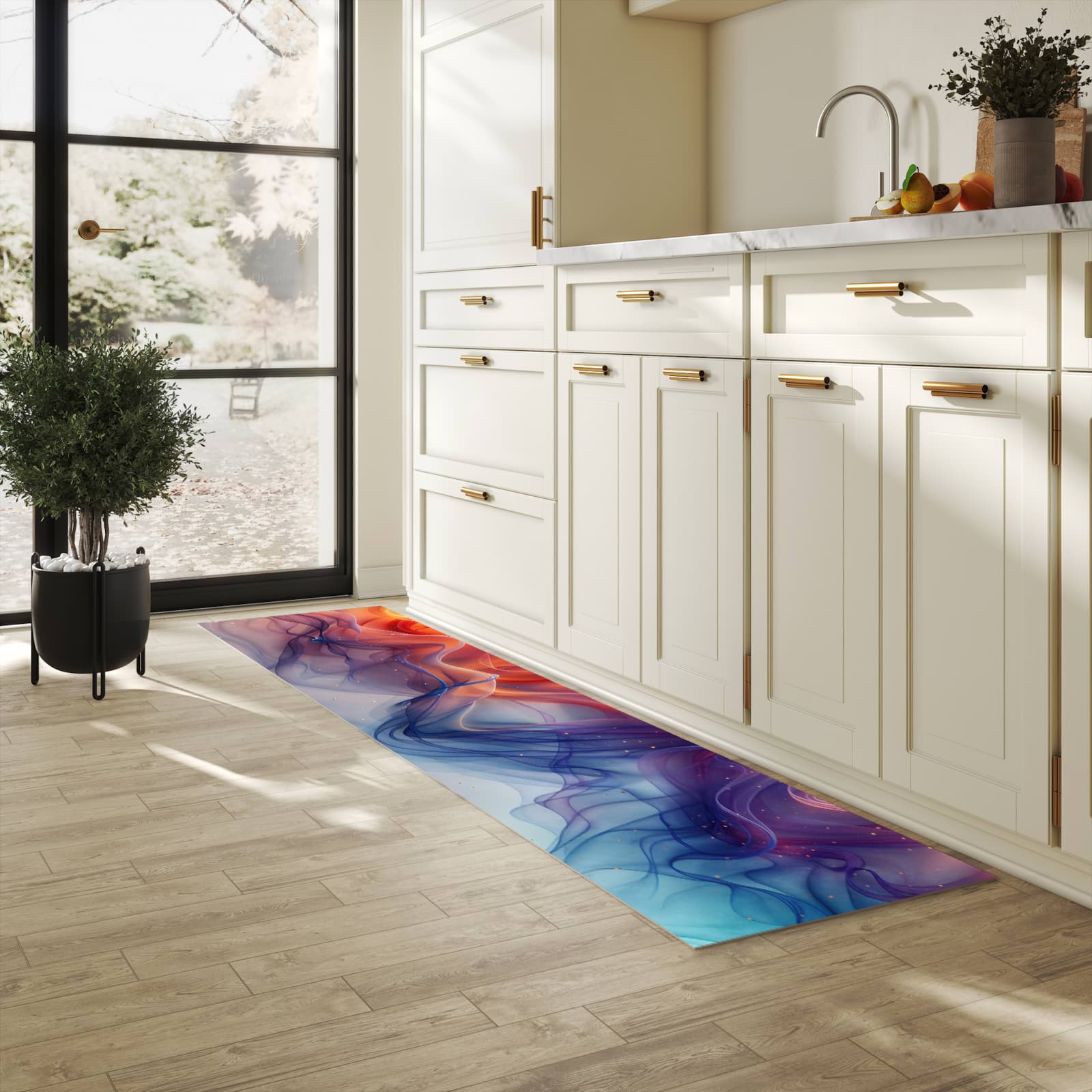 Waschbarer Teppich fürs Esszimmer mit Motiv Farbwirbel in heller Küche