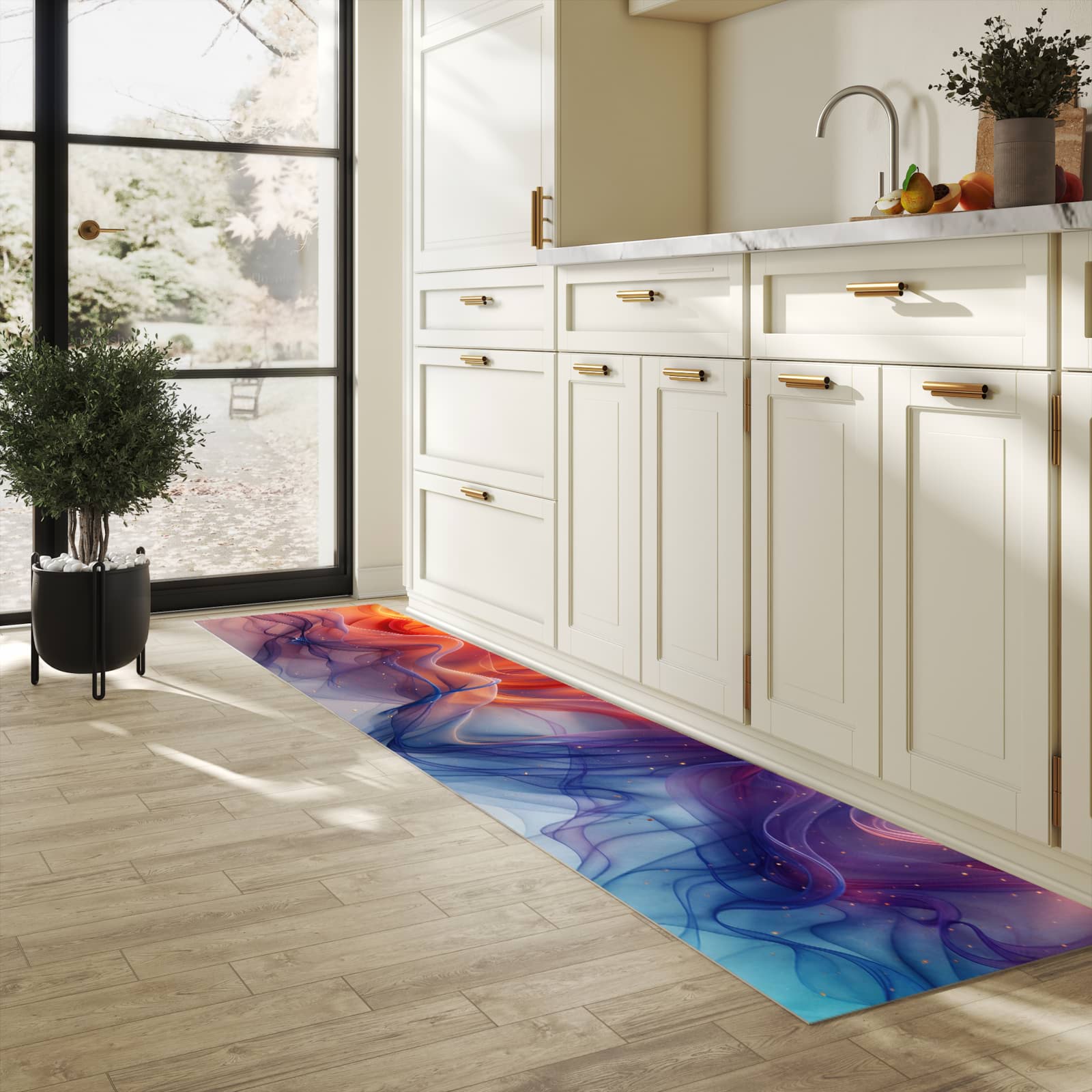 Langlebiger Teppich für Esstisch mit Motiv Farbwirbel in heller Küche, waschbar