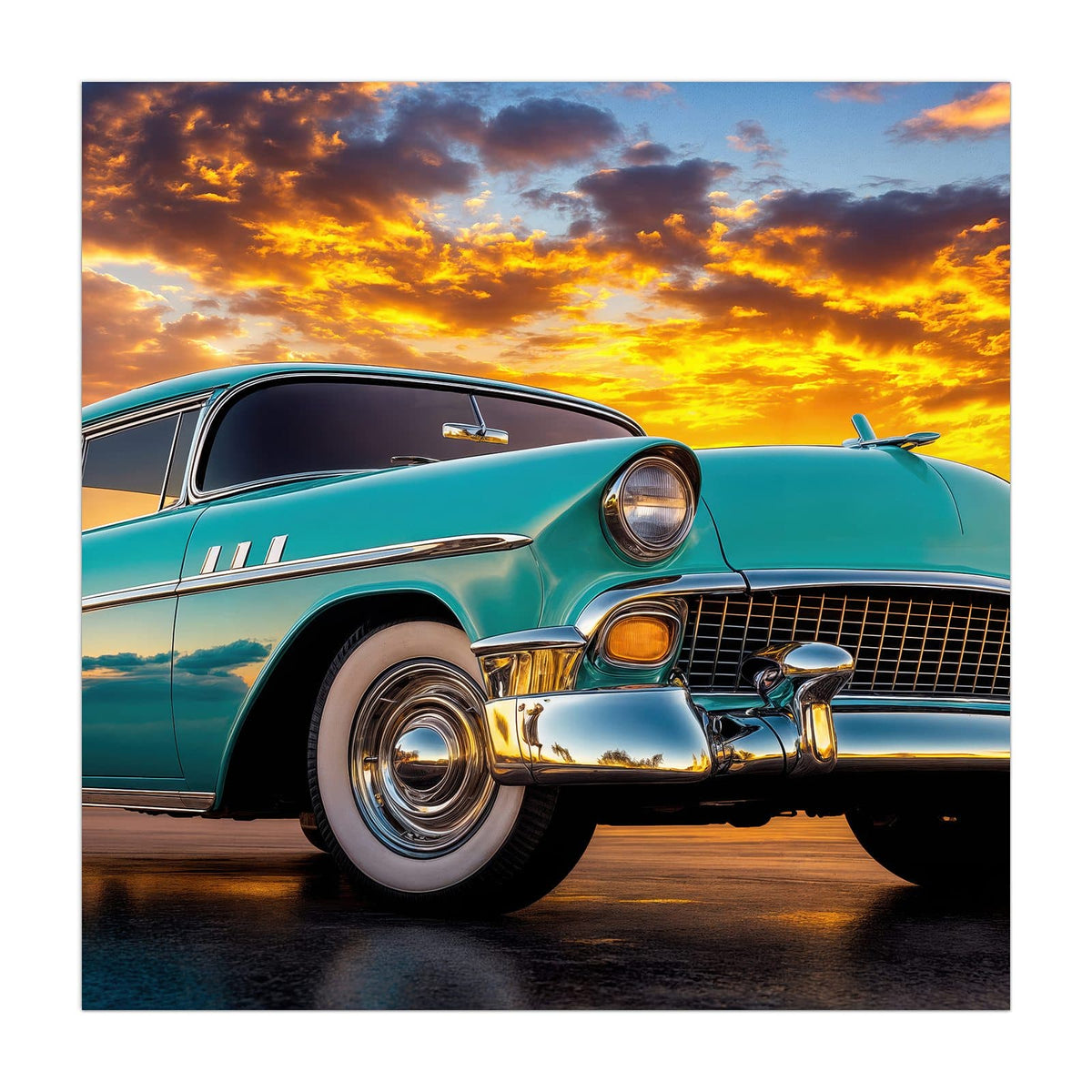Küchenrückwand aus Glas Türkiser Oldtimer im quadratischen Format, Motiv bildfüllend von vorn
