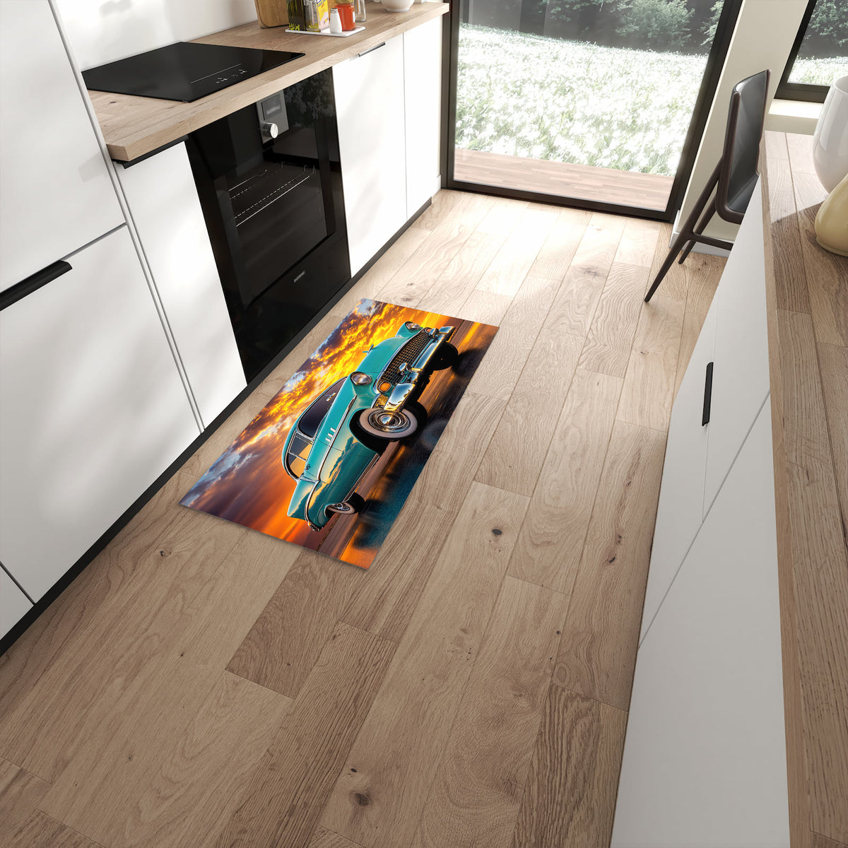 Geruchsneutraler rutschfester Küchenteppich mit Motiv Retro Oldtimer in moderner Küche #grösse_60 x 120 cm