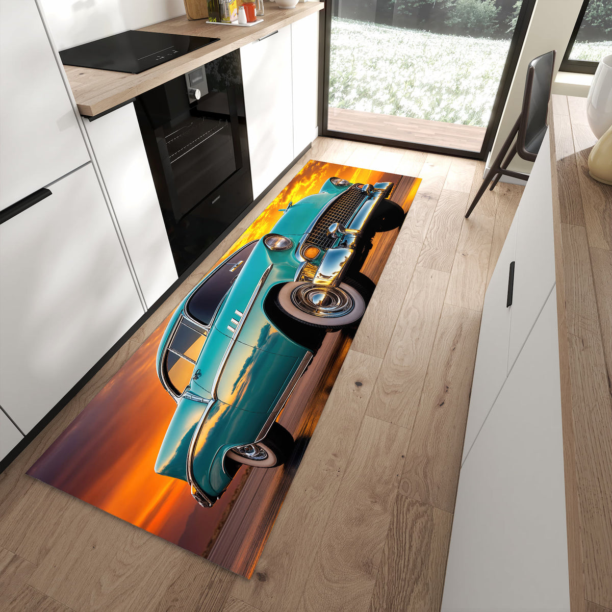 Hygienischer Küchenläufer mit Motiv Retro Oldtimer in moderner Küche