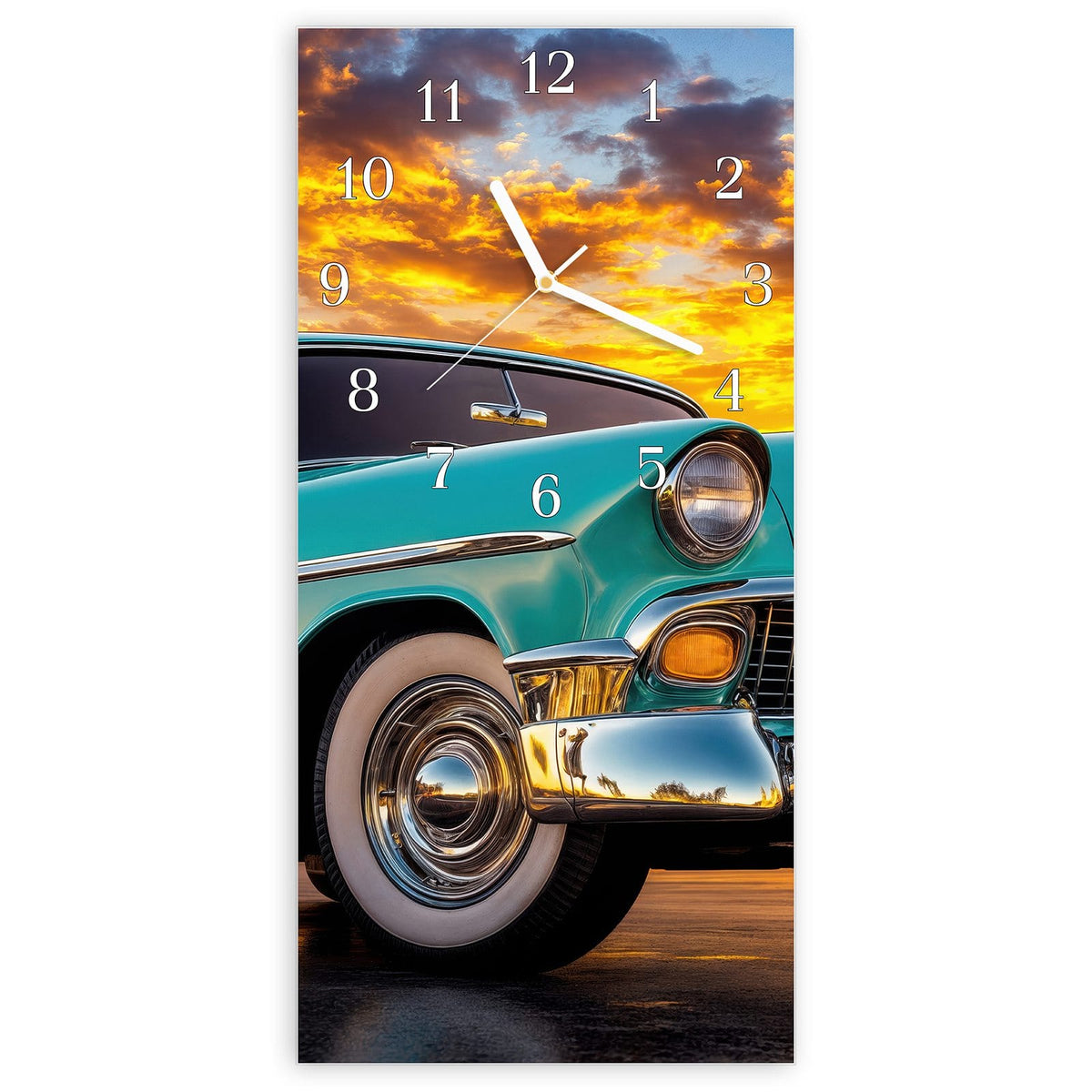 Wanduhr aus Glas, Ziffernblatt Klassisch mit Motiv Türkiser Oldtimer #ziffernblatt_Klassisch