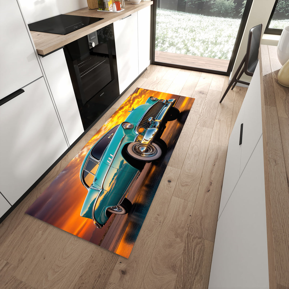 Küchenteppich mit Motiv Retro Oldtimer für angenehme Haptik in moderner Küche