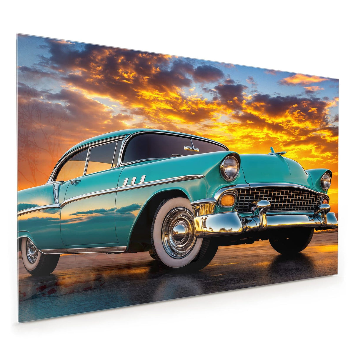 Küchenrückwand aus Glas im Hochformat mit Motiv Türkiser Oldtimer