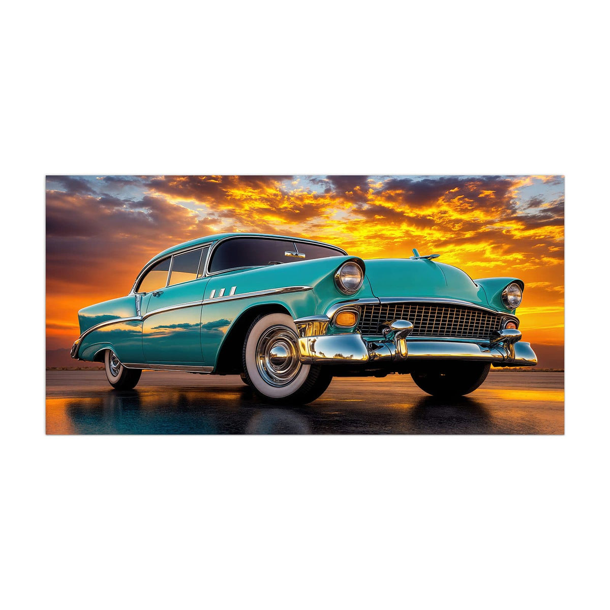 Küchenrückwand aus Glas Türkiser Oldtimer im Hochformat, Motiv bildfüllend von vorn