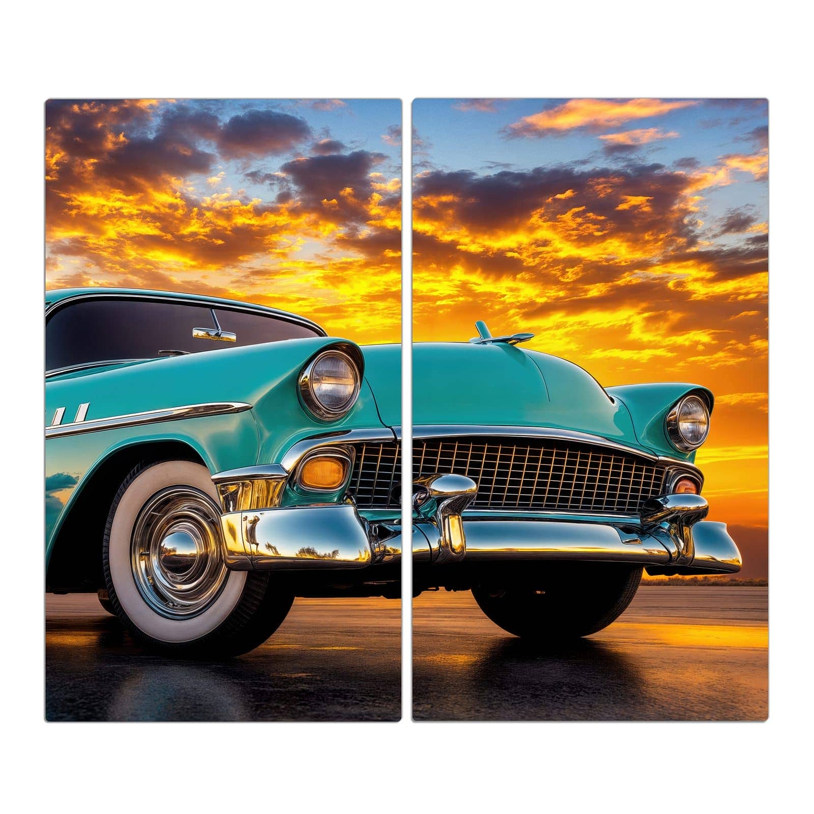 2-teilige Herdabdeckplatten mit Retro Oldtimer-Motiv in der Frontansicht