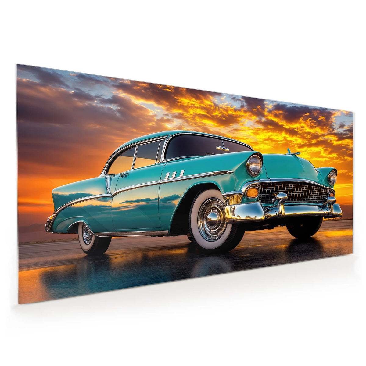 Küchenrückwand aus Glas im Hochformat mit Motiv Türkiser Oldtimer