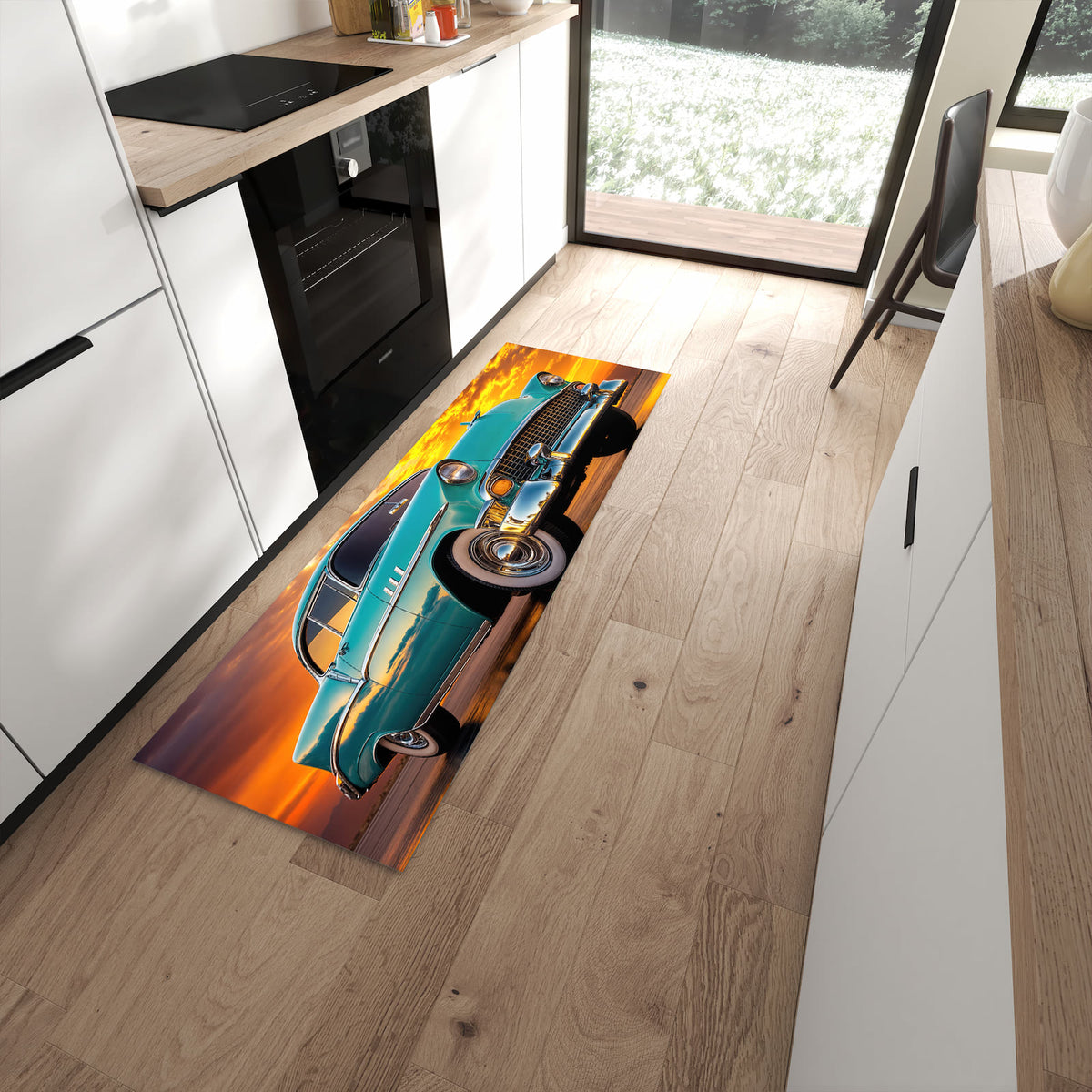 Flacher Küchenteppich mit Motiv Retro Oldtimer in moderner Küche - waschbar