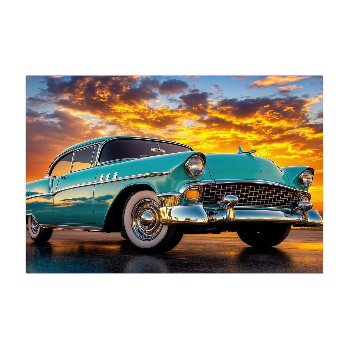 Küchenrückwand aus Glas Türkiser Oldtimer im Hochformat, Motiv bildfüllend von vorn