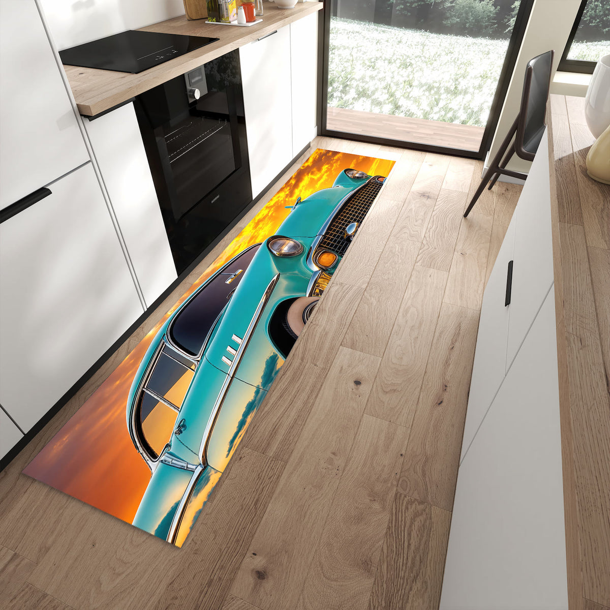 Komfortabler großer Küchenteppich mit Motiv Retro Oldtimer in moderner Küche