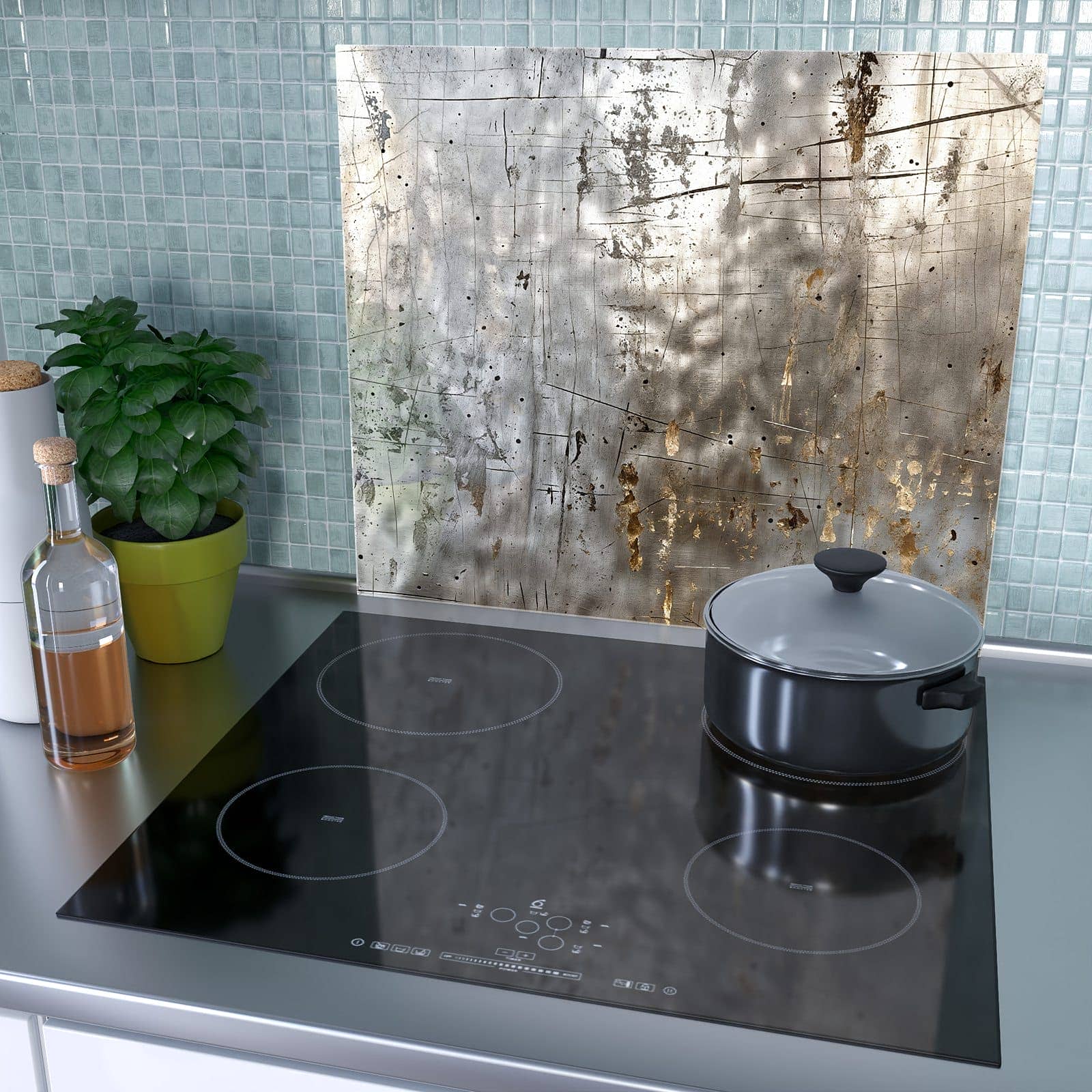 1-teilige Glasplatte für Herd mit Metallische Kratztextur-Motiv als Spritzschutz hinter dem Kochfeld