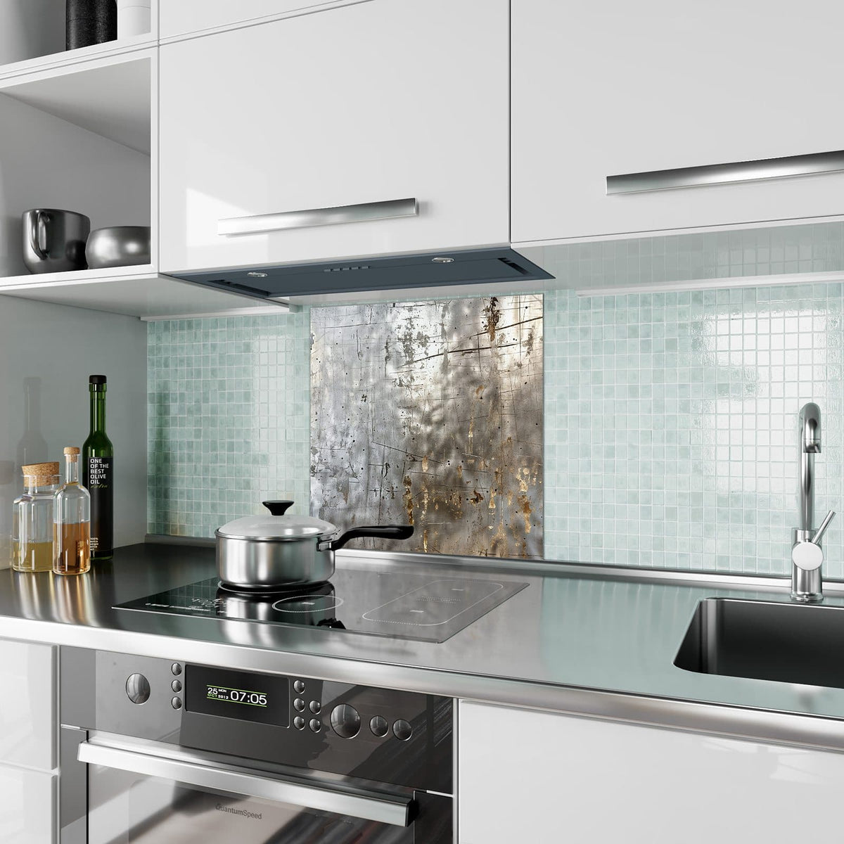 Küchenrückwand Goldspuren auf Silber aus Glas – Zerkratztes Metall mit Goldpatina