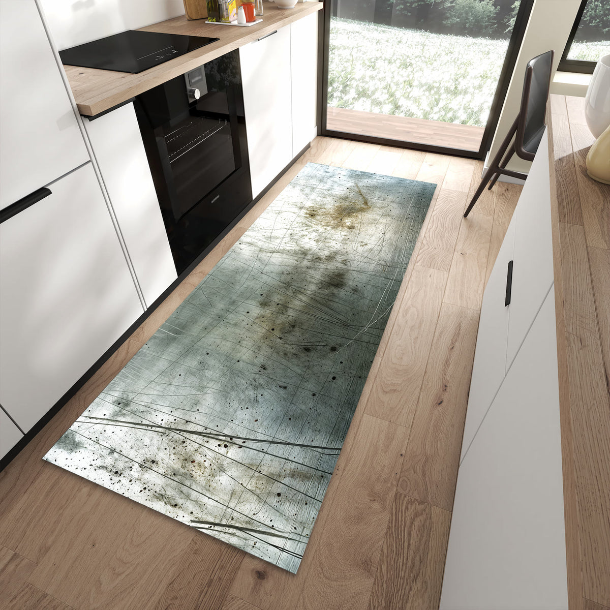 Bodenschonender langer Teppich mit Motiv Gebrauchtes Metall in moderner Küche