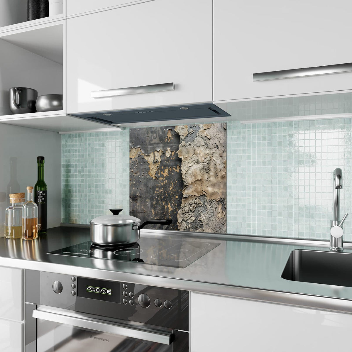 Küchenrückwand Bröckelnder Putz aus Glas – Dunkles Metall trifft hellen Putz
