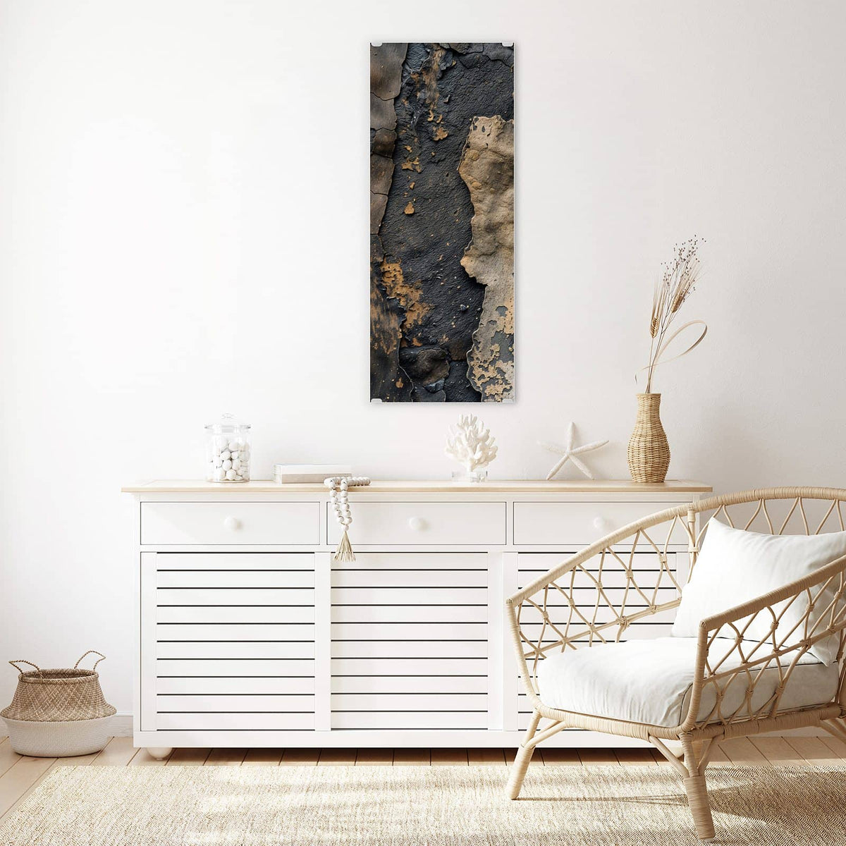 Wandbild - Ocker auf Schwarz - Hochformat – Rissige Farbschichten in Schwarz und Ocker