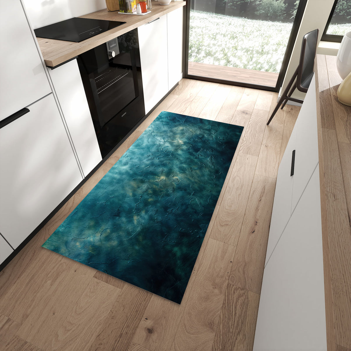 Geruchsneutraler Küchenteppich mit Motiv Texturierte Wand in moderner Küche