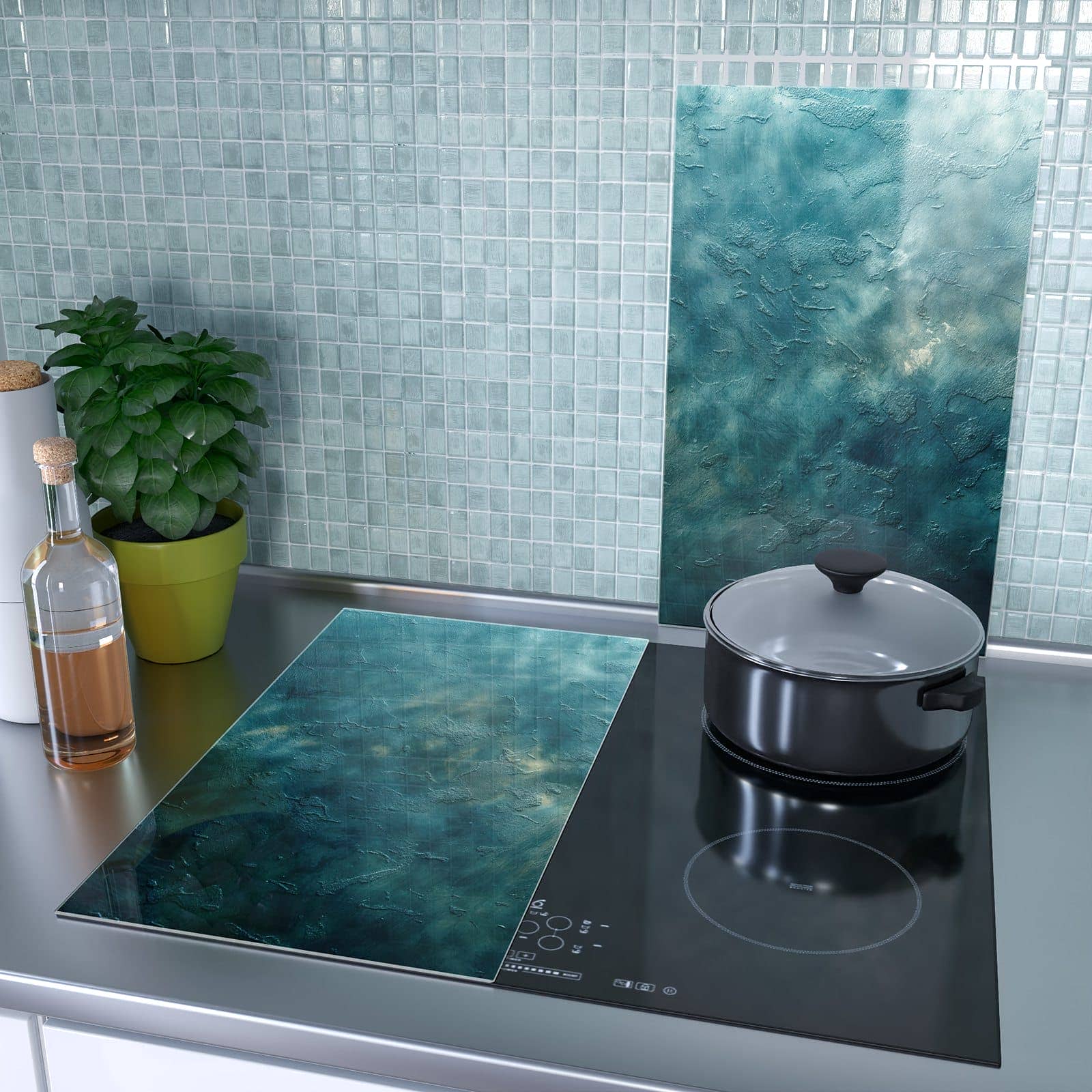 2-teilige Ceranfeld Abdeckplatten mit Texturierte Wand-Motiv als Spritzschutz hinter dem Kochfeld