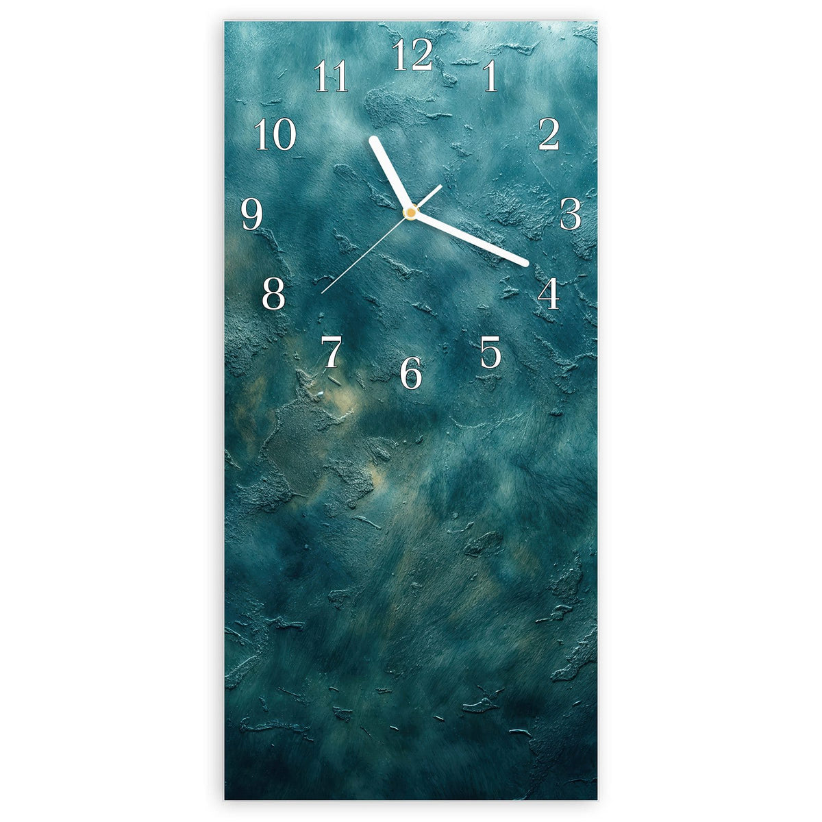 Wanduhr aus Glas, Ziffernblatt Klassisch: Tiefe petrol-türkise Struktur mit Lichtschleiern, wirkt wie Blick in bewegtes Wasser #ziffernblatt_Klassisch