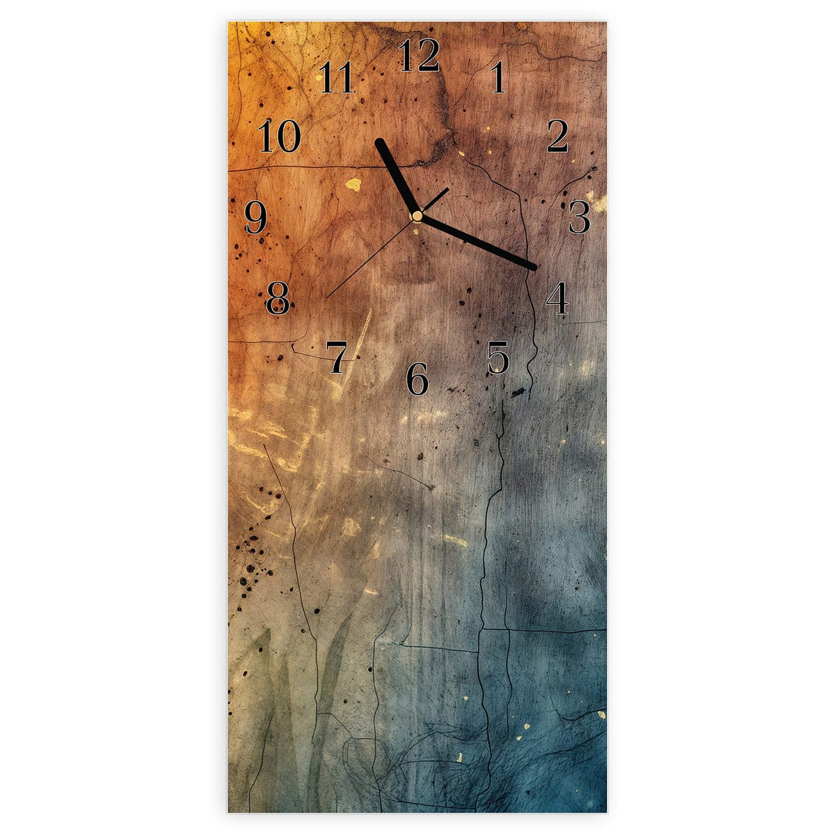 Wanduhr aus Glas, Ziffernblatt Klassisch mit Motiv Rostrot und Blaugrau: Verwitterte Fläche mit Verlauf von Orangerot links nach Blaugrau rechts