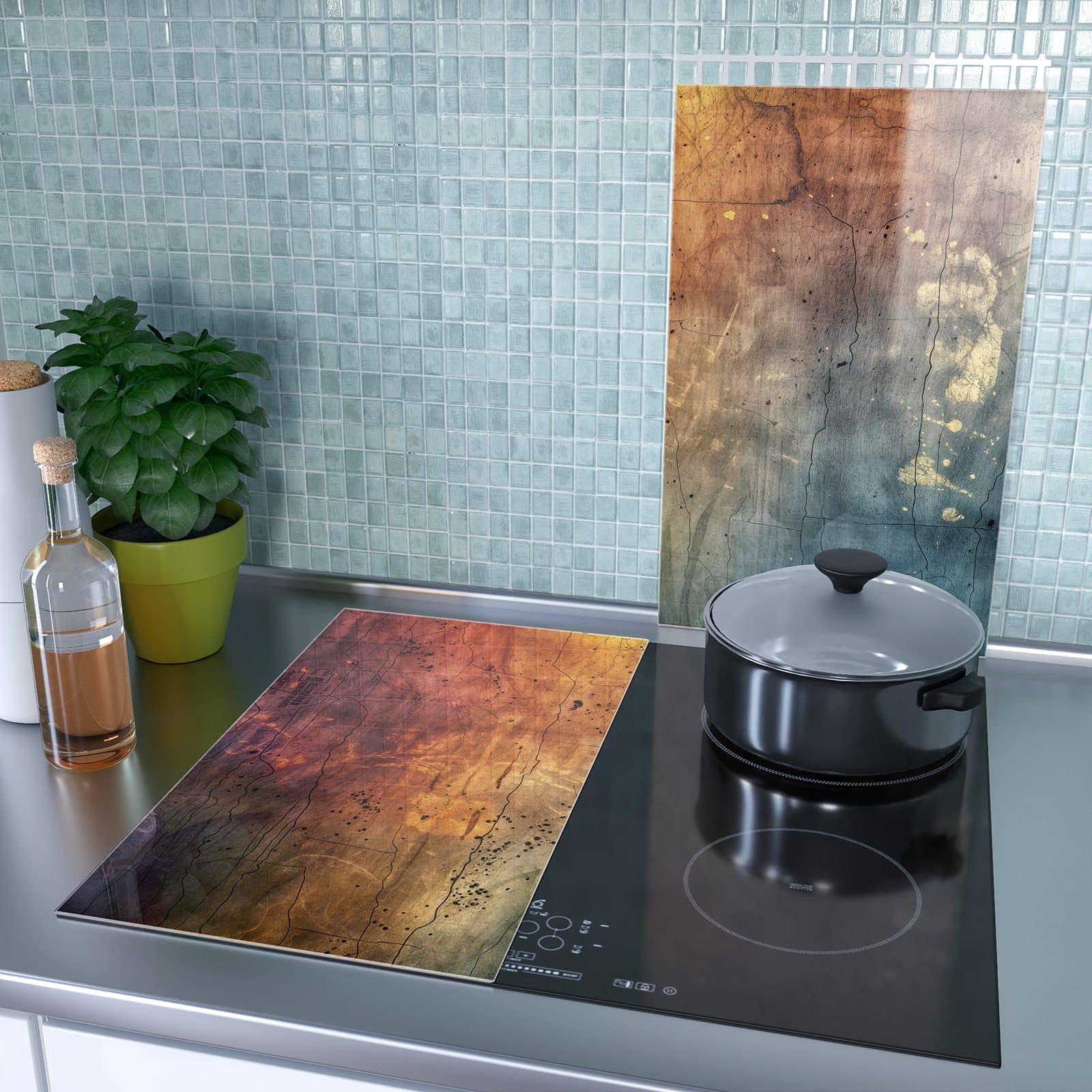 2-teilige Herdabdeckplatte aus Glas mit Abstrakte Farbkarte-Motiv als Spritzschutz hinter dem Kochfeld