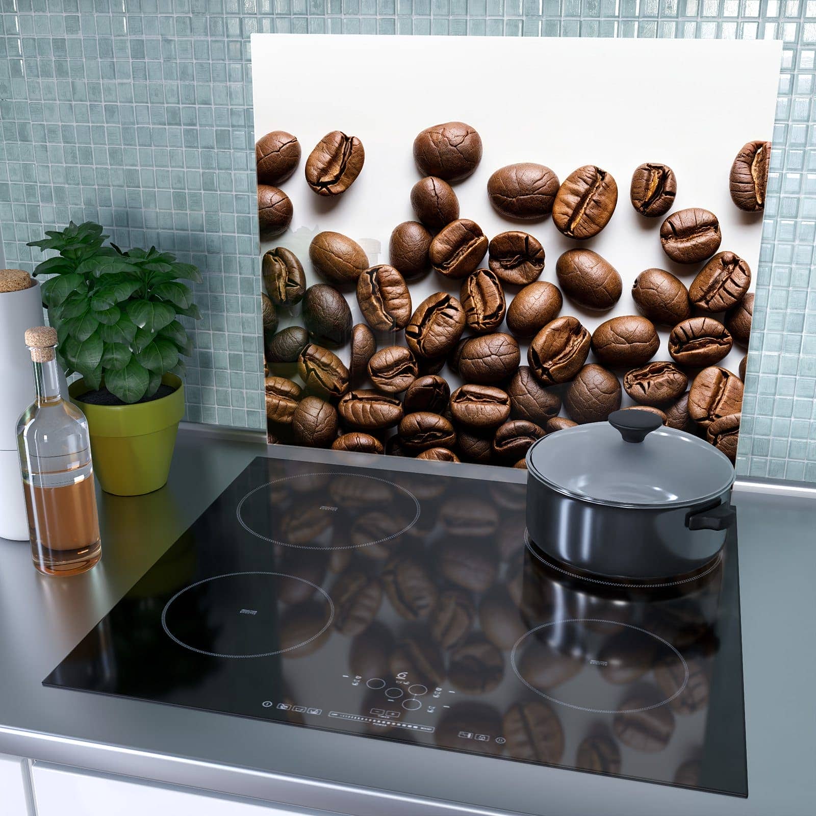 1-teilige Glasabdeckplatte für Ceranfeld mit Warme Kaffeebohnen-Motiv als Spritzschutz hinter dem Kochfeld