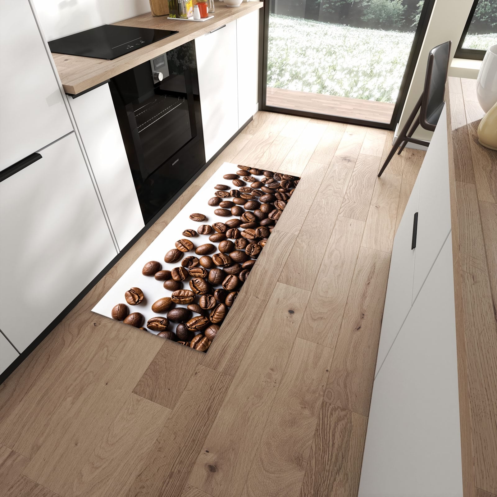 Rutschfester dünner Teppich mit Motiv Warme Kaffeebohnen spart Zeit in moderner Küche #grösse_60 x 150 cm