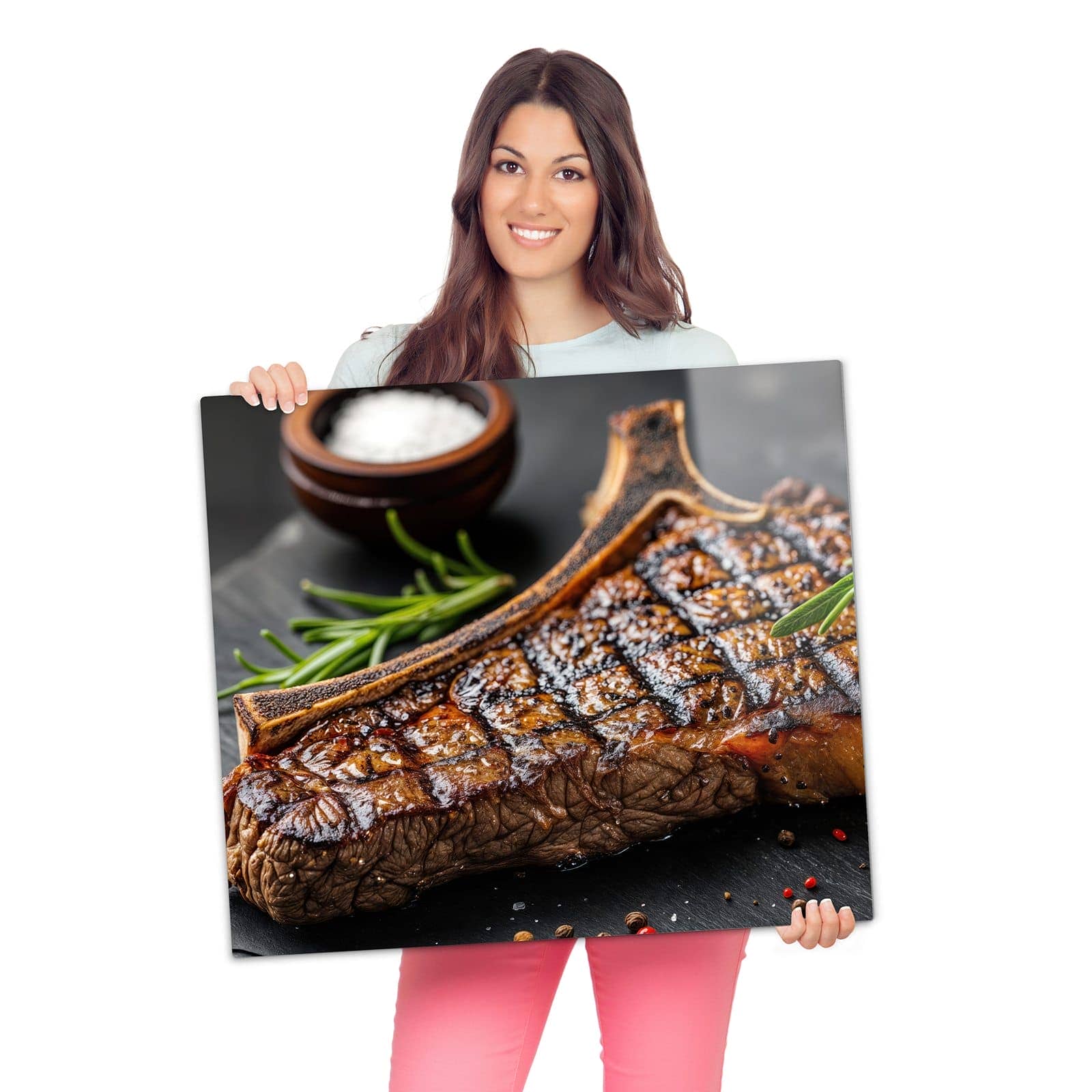 Herdabdeckplatte für Induktion mit Gegrilltes Steak-Motiv wird zur Größendarstellung gehalten