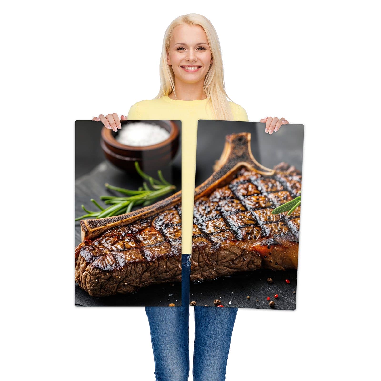 2-teilige Kochfeldabdeckung mit Gegrilltes Steak-Motiv wird zur Größendarstellung gehalten