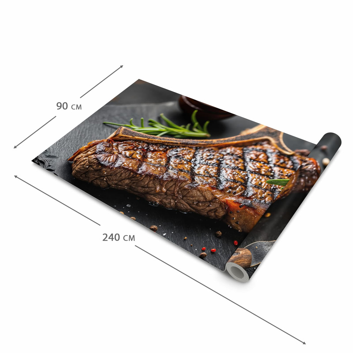 Langlebiger Küchenläufer mit Motiv Gegrilltes Steak in der Grösse 90x240 cm