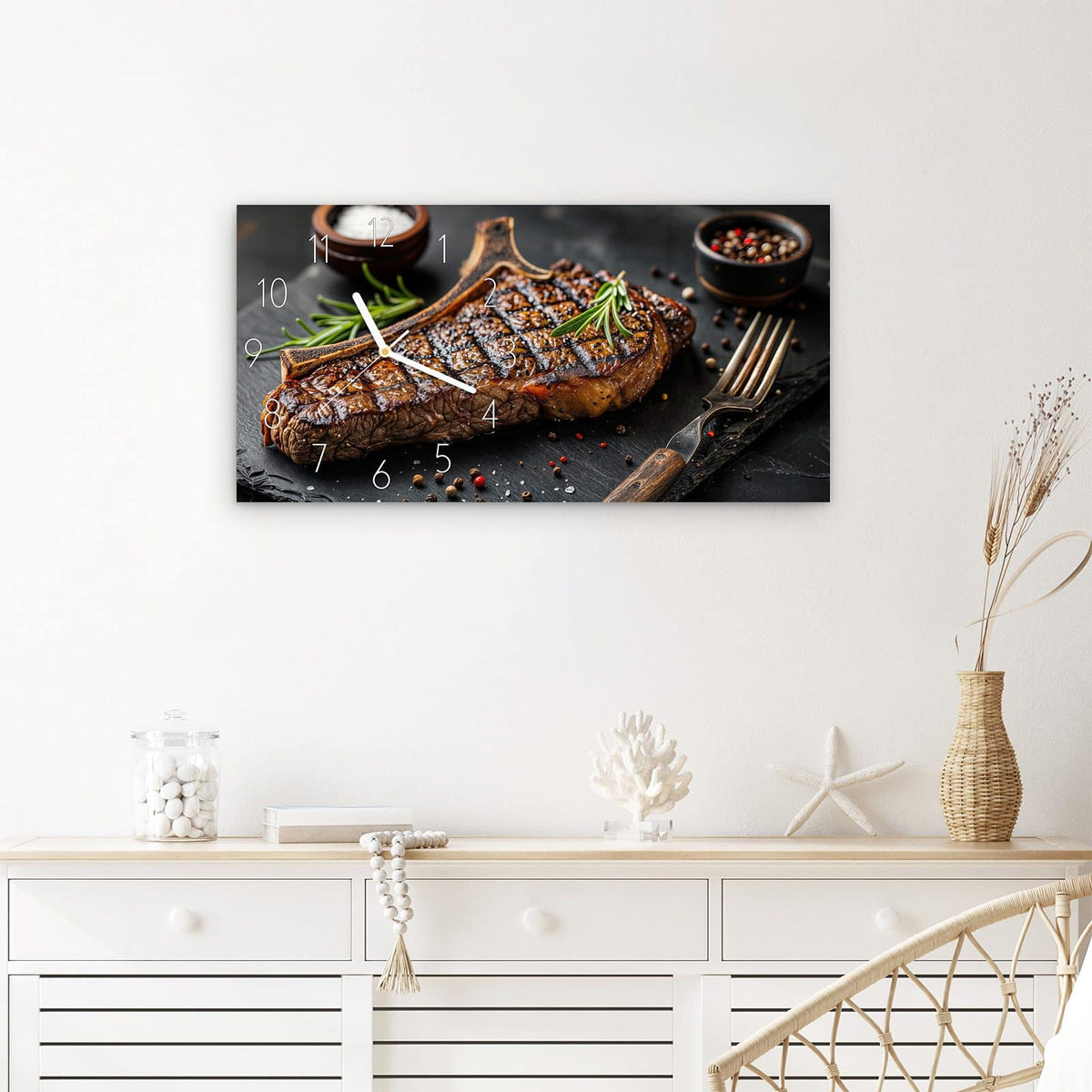 Wanduhr Gegrilltes Steak aus Glas – Querformat 60 × 30 cm – Gegrilltes Steak in Brauntönen