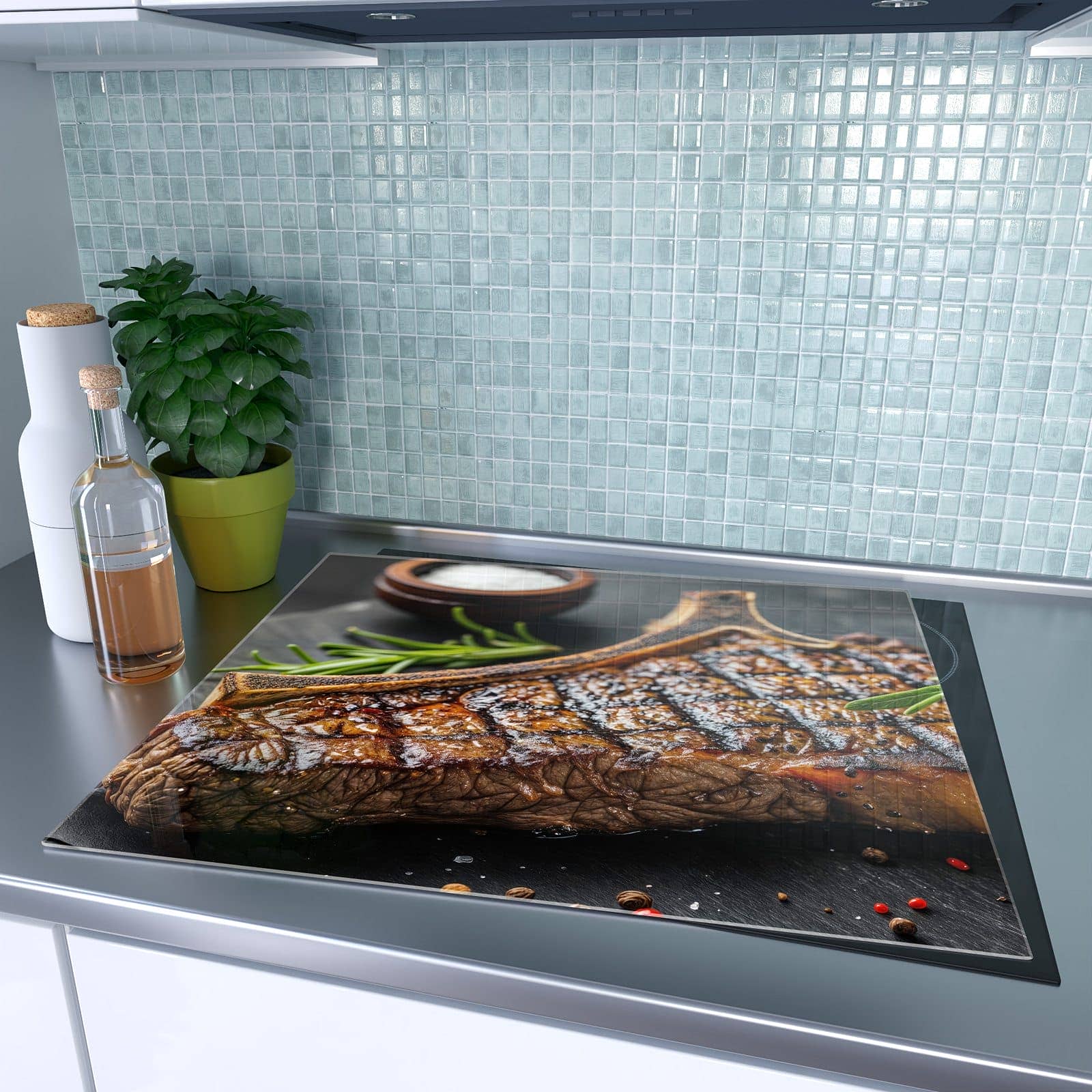 1-teilige Ceranfeldabdeckungen mit Gegrilltes Steak-Motiv auf dem Ceranfeld