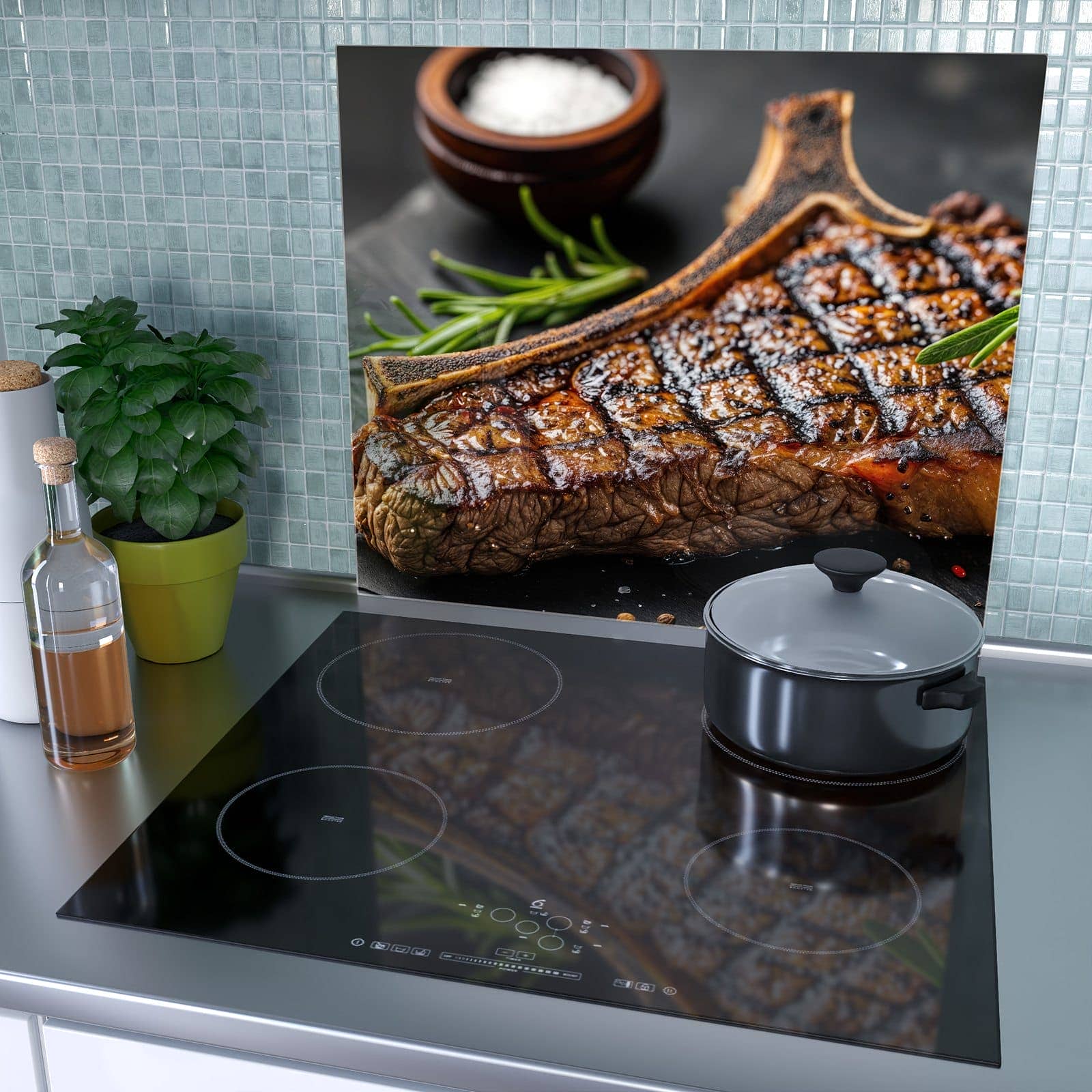 1-teilige Herdabdeckplatte aus Glas mit Gegrilltes Steak-Motiv als Spritzschutz hinter dem Kochfeld
