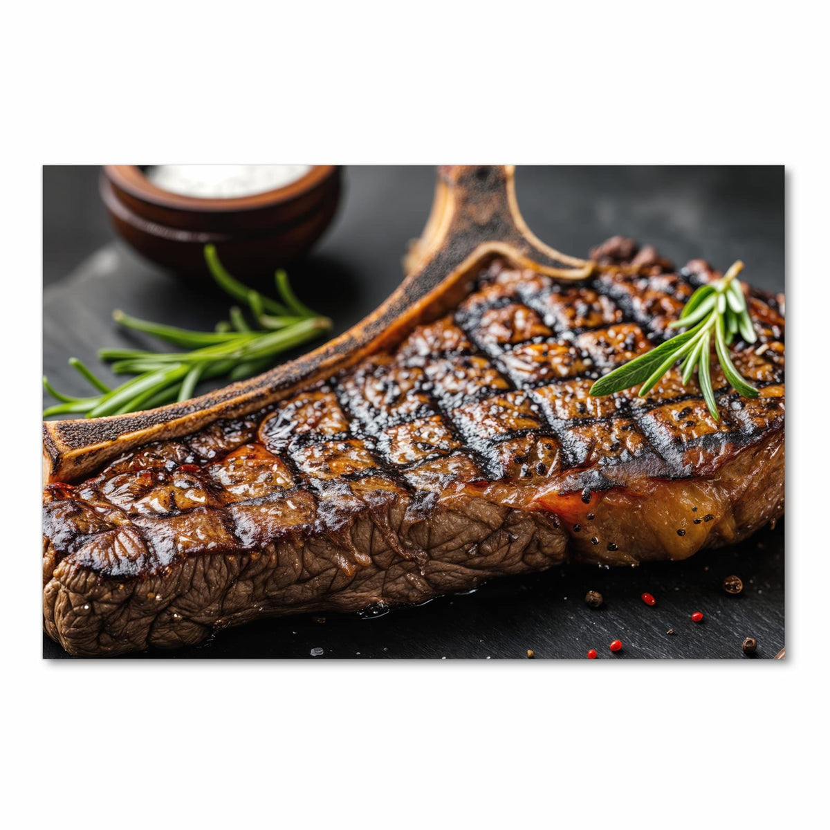 Waschbarer langer Teppich mit Motiv Gegrilltes Steak in Frontansicht