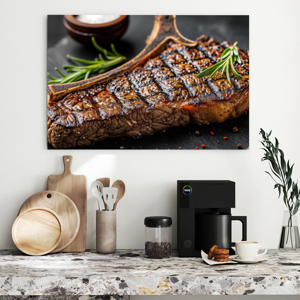 Metall Magnettafel - T-Bone-Steak vom Grill – Steak auf Schiefer mit Rosmarin