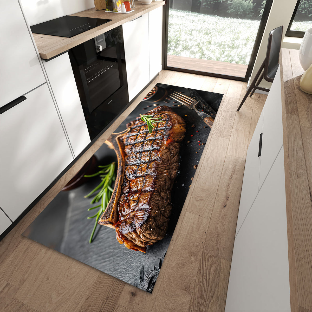 Formstabiler Läufer mit Motiv Gegrilltes Steak in moderner Küche für rutschfesten Stand