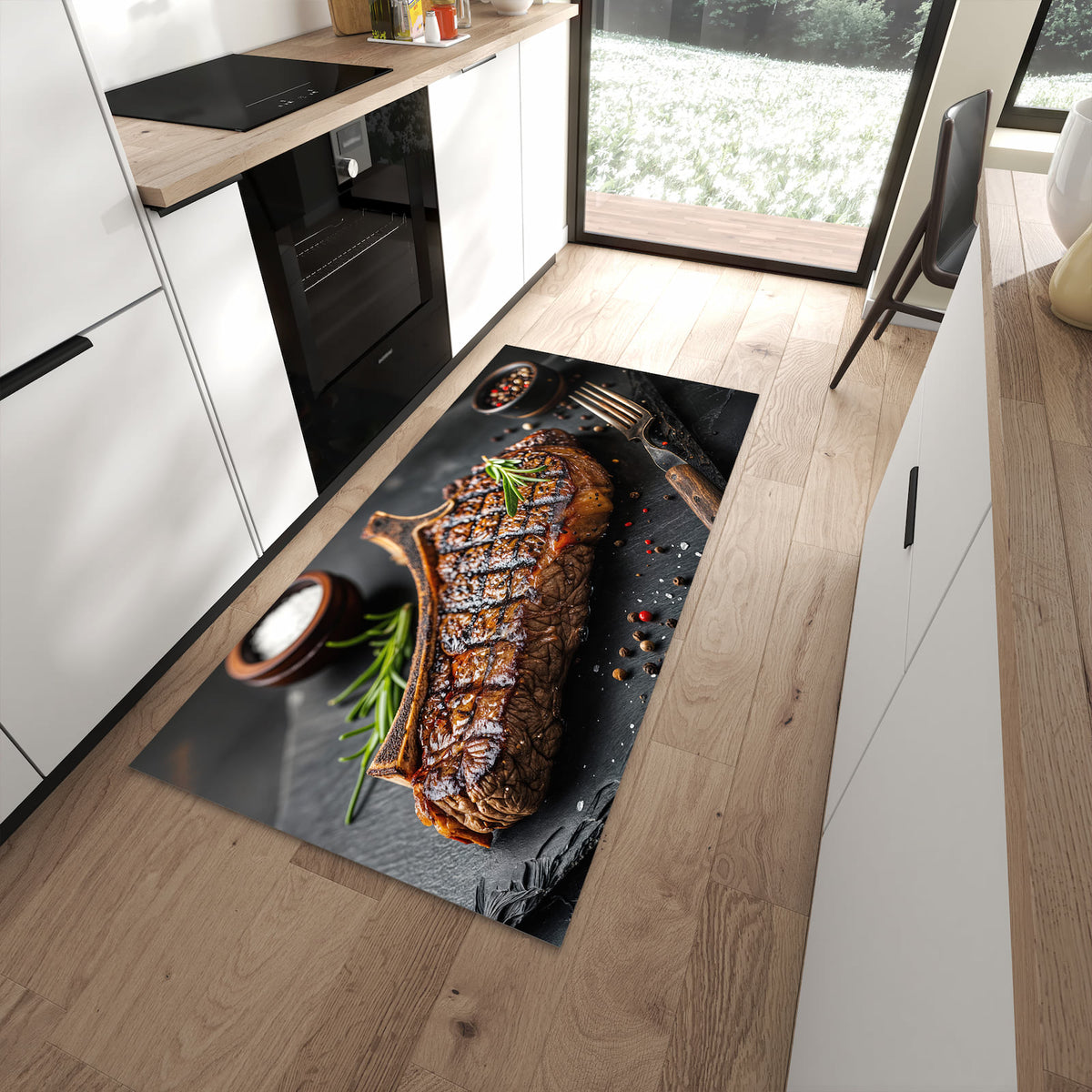 Farbbeständiger Läufer für den Eingangsbereich mit Motiv Gegrilltes Steak in moderner Küche