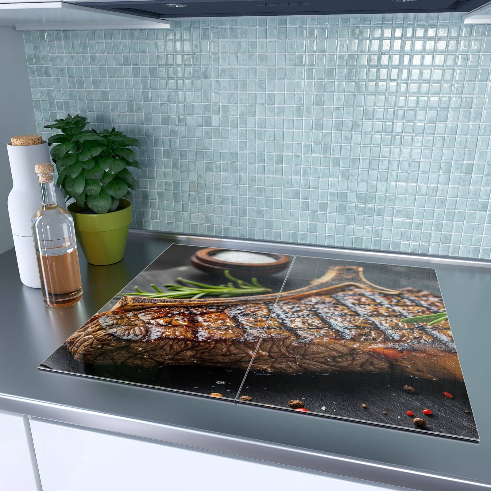 2-teilige Herdabdeckung aus Glas mit Gegrilltes Steak-Motiv auf dem Ceranfeld