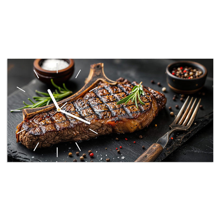 Wanduhr Gegrilltes Steak aus Glas – Querformat 60 × 30 cm mit Ziffernblatt Linie