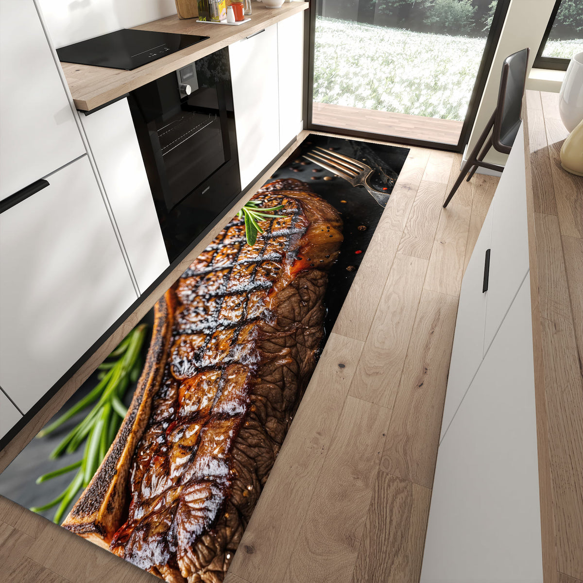 Bodenschonender langer Teppich mit Motiv Gegrilltes Steak in moderner Küche