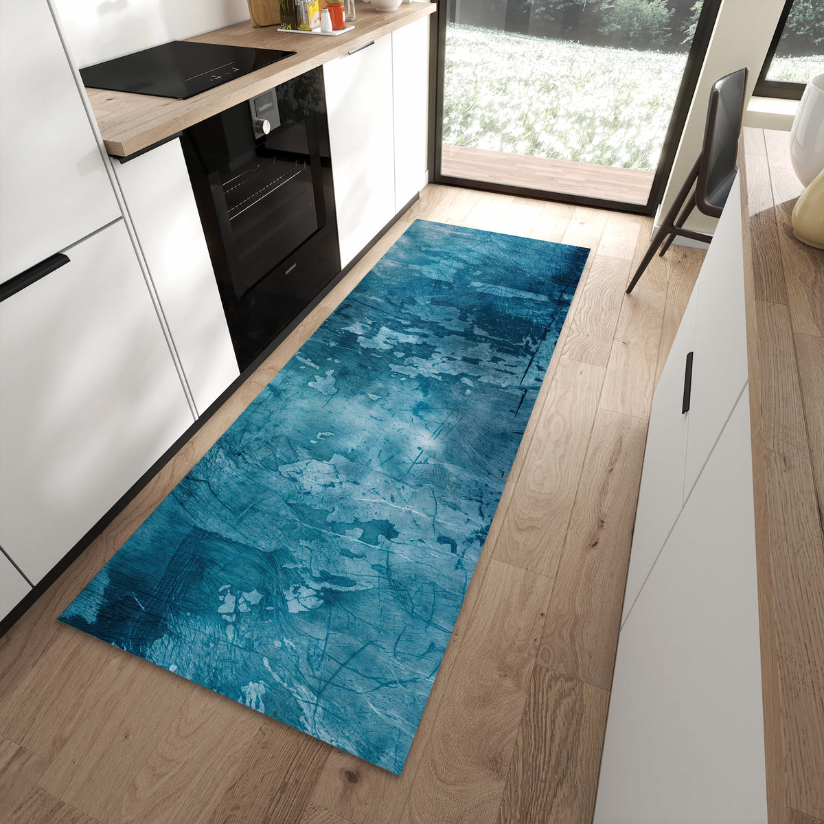 Küchenläufer Abblätterndes Blau in einer modernen Küche