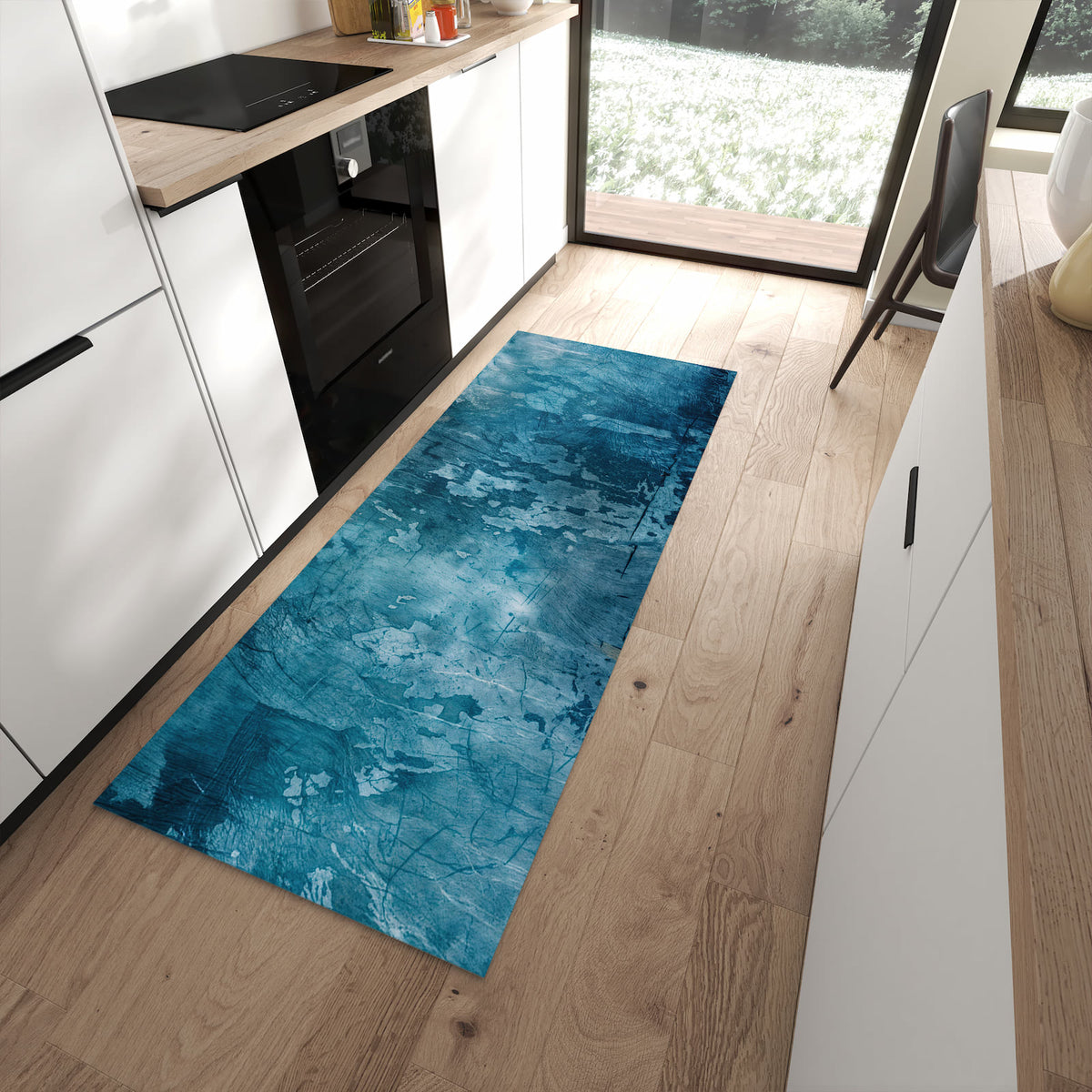 Küchenläufer Abblätterndes Blau in einer modernen Küche