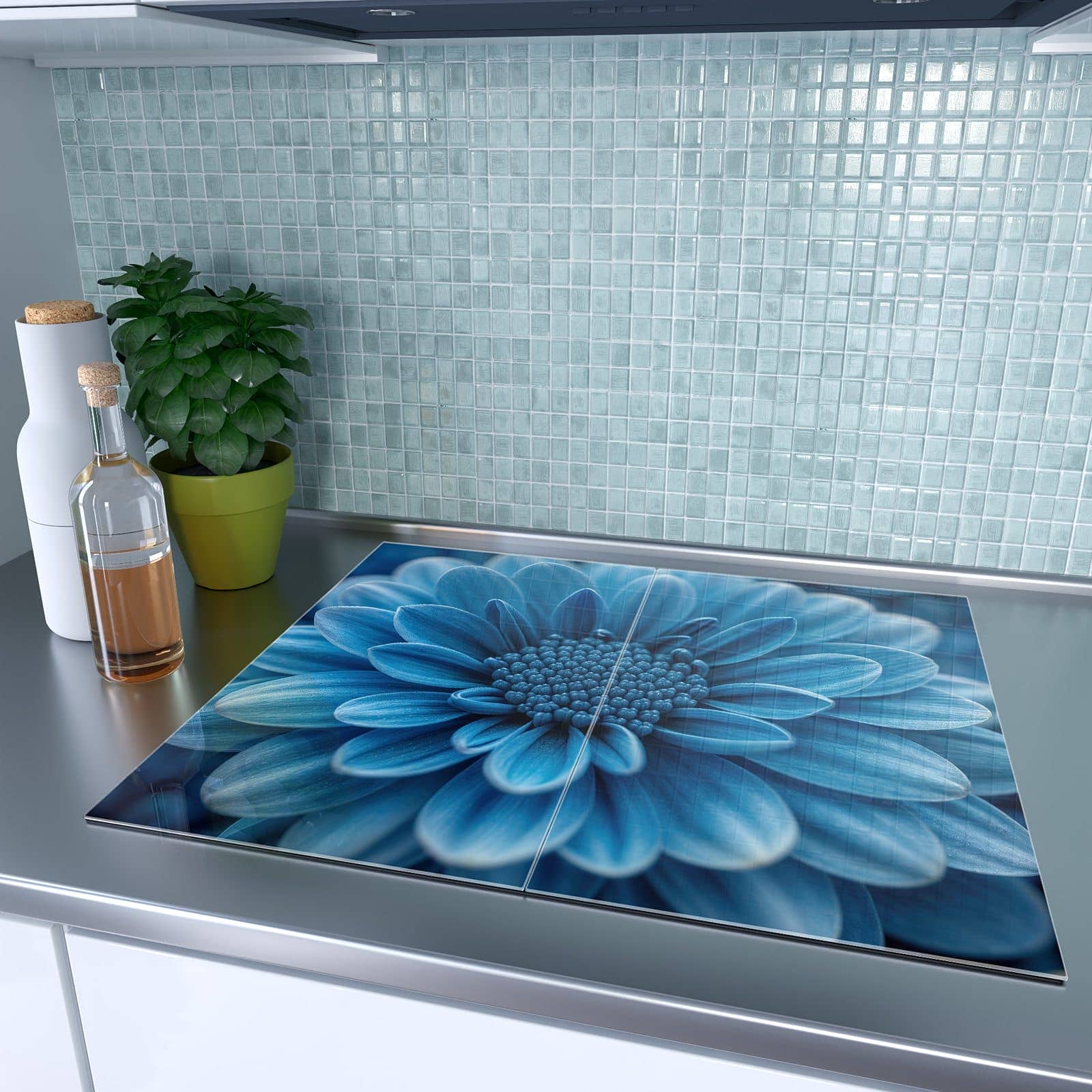 2-teilige Glasplatte für Herd mit Blaue Blume-Motiv auf dem Ceranfeld