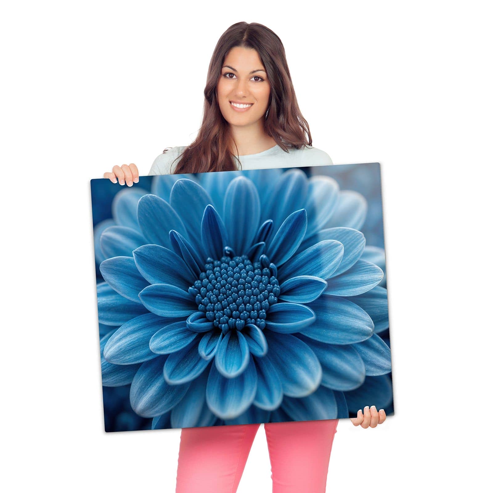 1-teilige Herdabdeckplatte aus Glas mit Blaue Blume-Motiv wird zur Größendarstellung gehalten