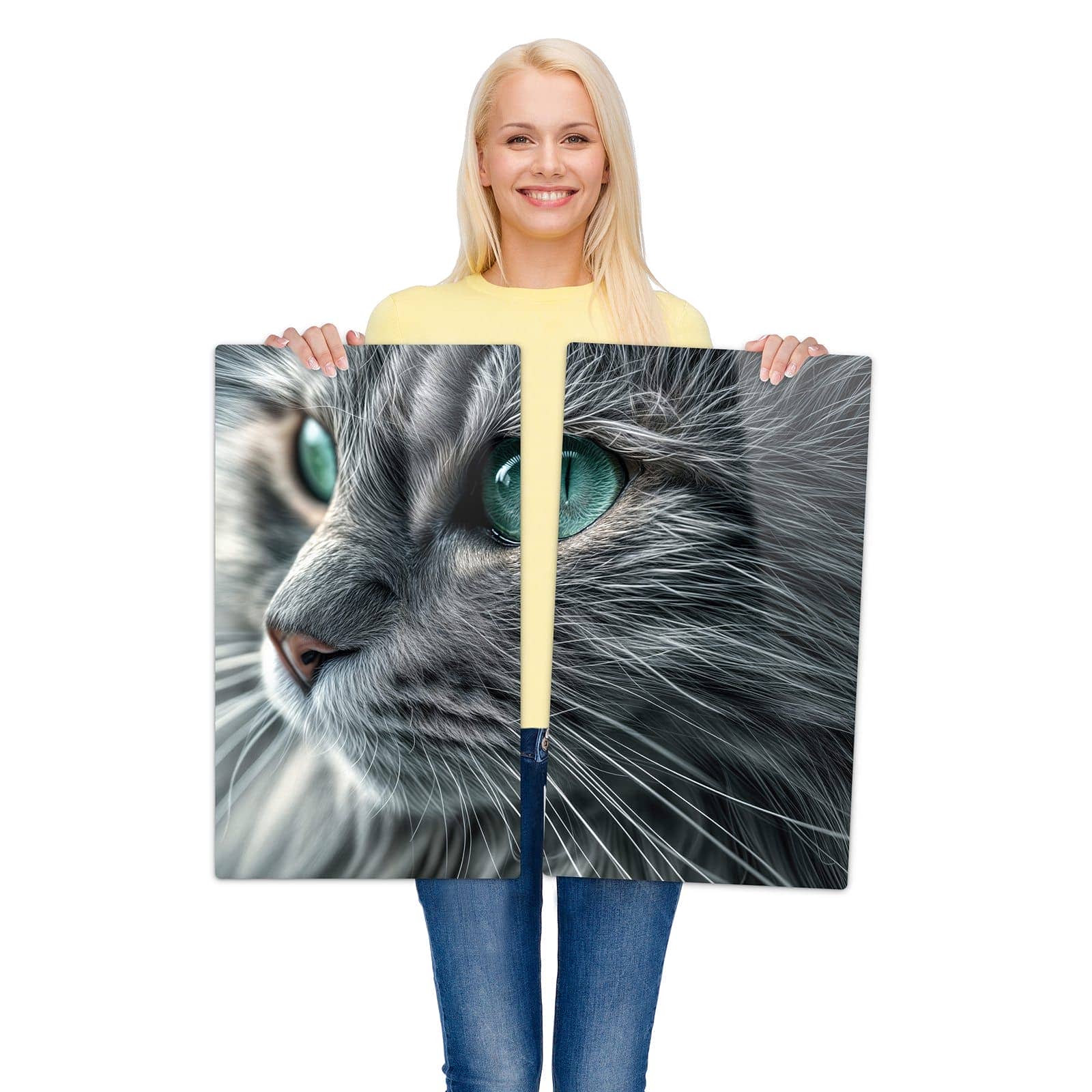 2-teilige Herdplattenabdeckung mit Katze Detailaufnahme-Motiv wird zur Größendarstellung gehalten