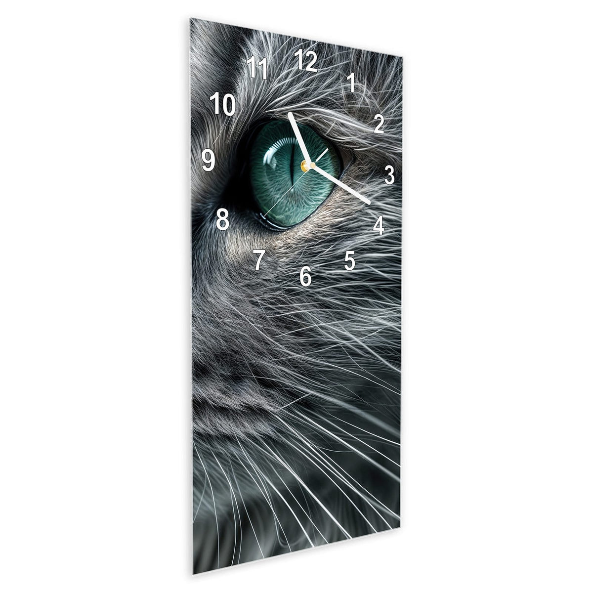 Wanduhr aus Glas im Hochformat Katze mit Smaragdaugen schräg von der Seite, 4 mm starkes Glas