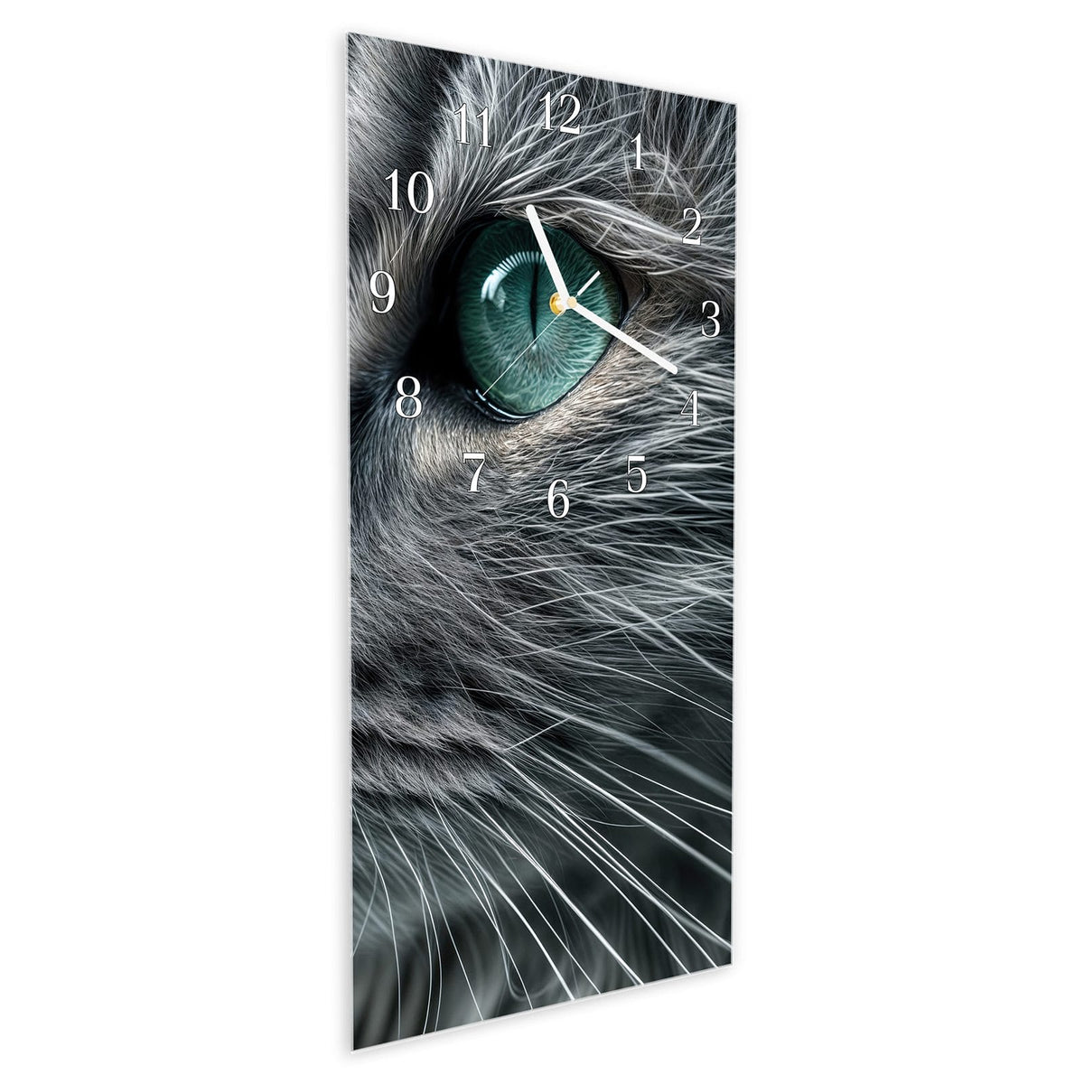 Wanduhr aus Glas im Hochformat Katze mit Smaragdaugen schräg von der Seite, 4 mm starkes Glas