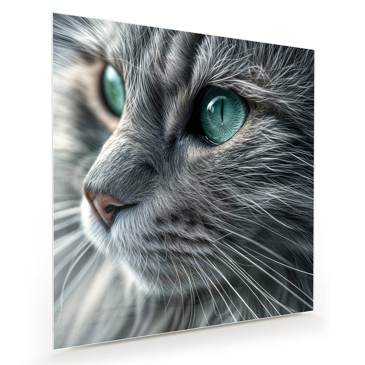 Graue Langhaarkatze im Halbprofil, große türkisgrüne Augen, Fell in Nahaufnahme