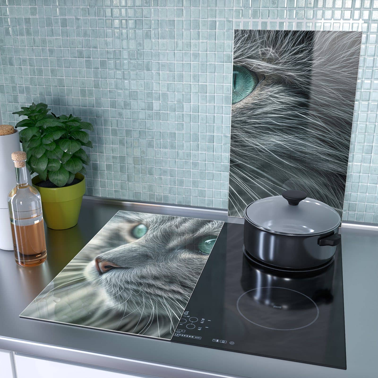 2-teilige Glasplatte für Herd mit Katze Detailaufnahme-Motiv als Spritzschutz hinter dem Kochfeld