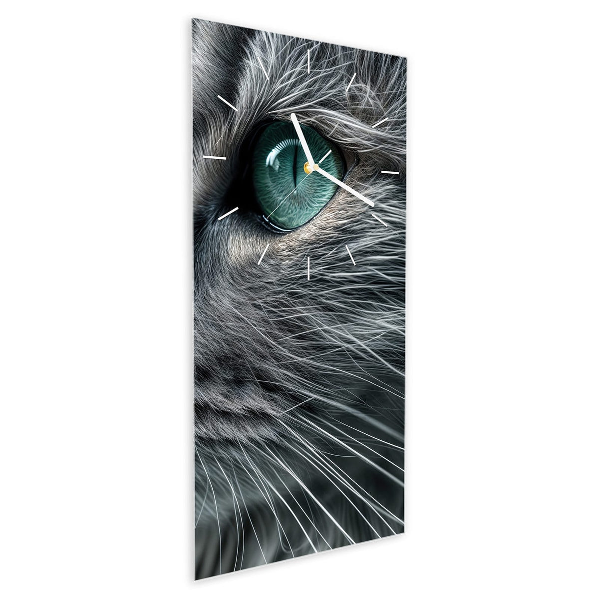 Wanduhr aus Glas im Hochformat Katze mit Smaragdaugen schräg von der Seite, 4 mm starkes Glas